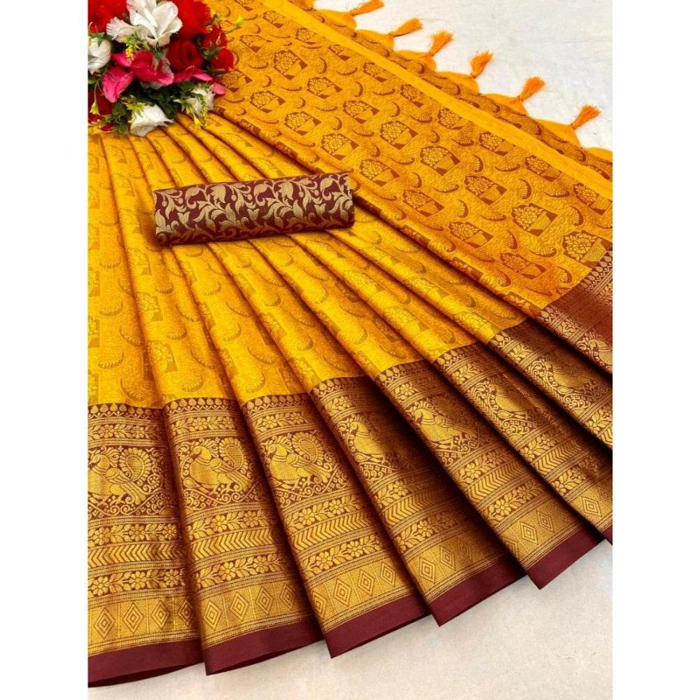 Generic Women's Cotton Silk Printed Saree With Unstitched Blouse 5.5Mtr (Mustard) - MYLUXURY LANE ENTERPRISE