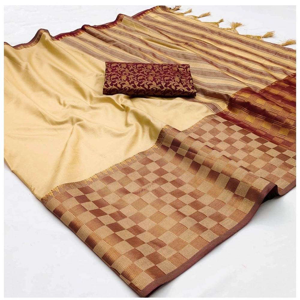 Generic Women's Cotton Silk Checkered Saree With Unstitched Blouse 5.5Mtr (Gold) - MYLUXURY LANE ENTERPRISE