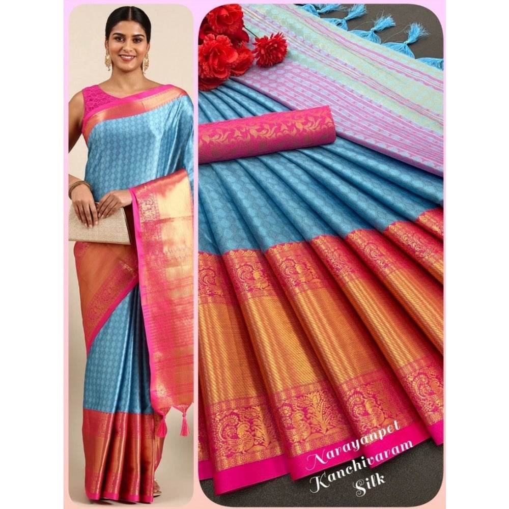 Generic Women's Cotton Silk Woven Design Saree With Unstitched Blouse 5.5Mtr (Light Blue) - MYLUXURY LANE ENTERPRISE