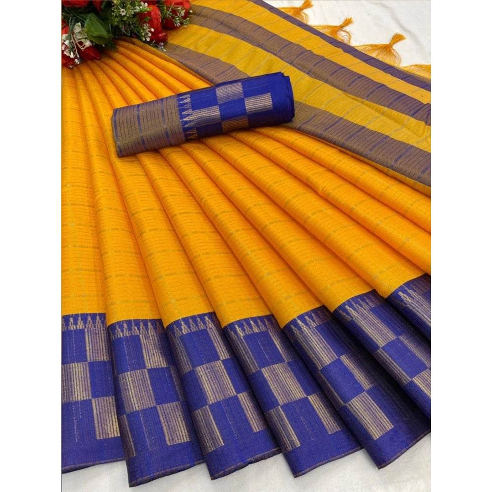 Generic Women's Cotton Silk Printed Saree With Unstitched Blouse 5.5Mtr (Gold-Blue) - MYLUXURY LANE ENTERPRISE