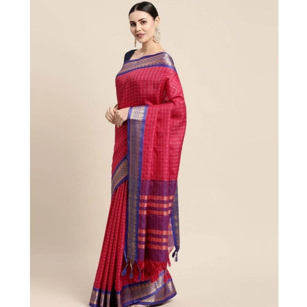Generic Women's Cotton Silk Checkered Saree With Unstitched Blouse 5.5Mtr (Red) - MYLUXURY LANE ENTERPRISE