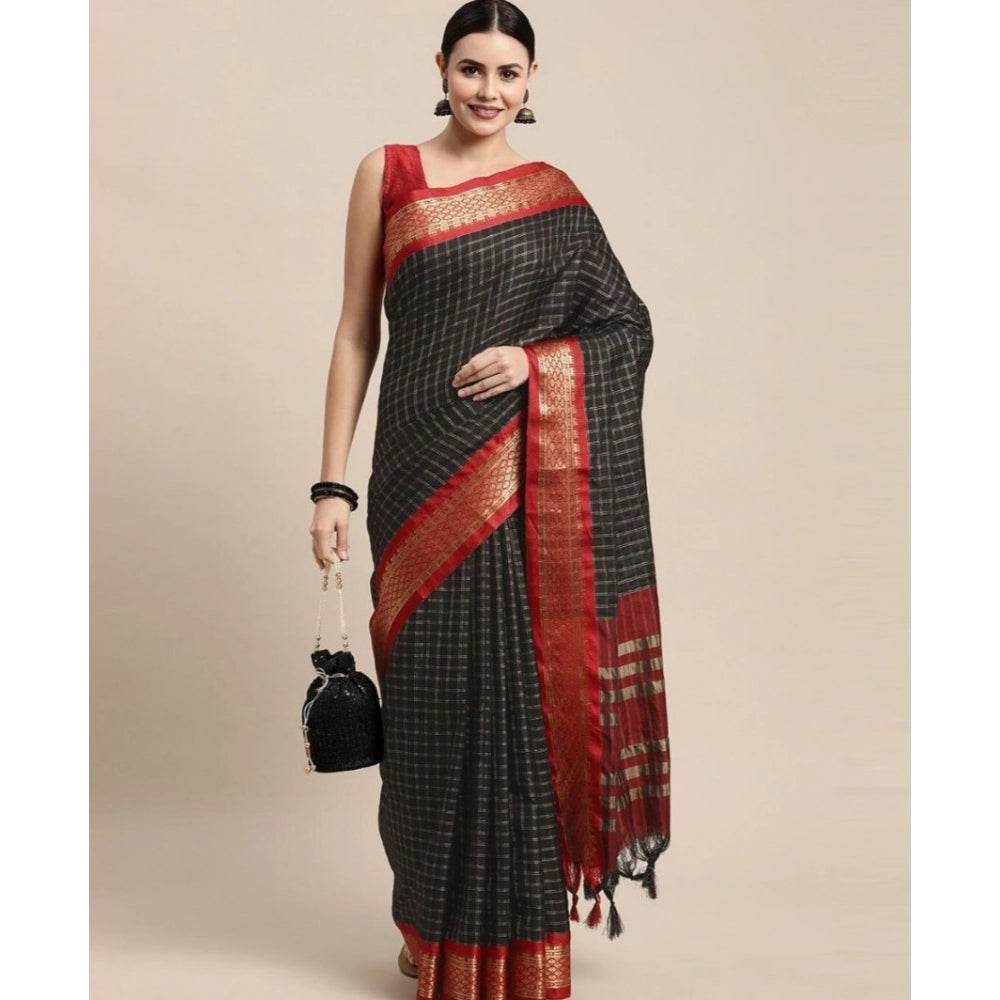 Generic Women's Cotton Silk Checkered Saree With Unstitched Blouse 5.5Mtr (Black) - MYLUXURY LANE ENTERPRISE