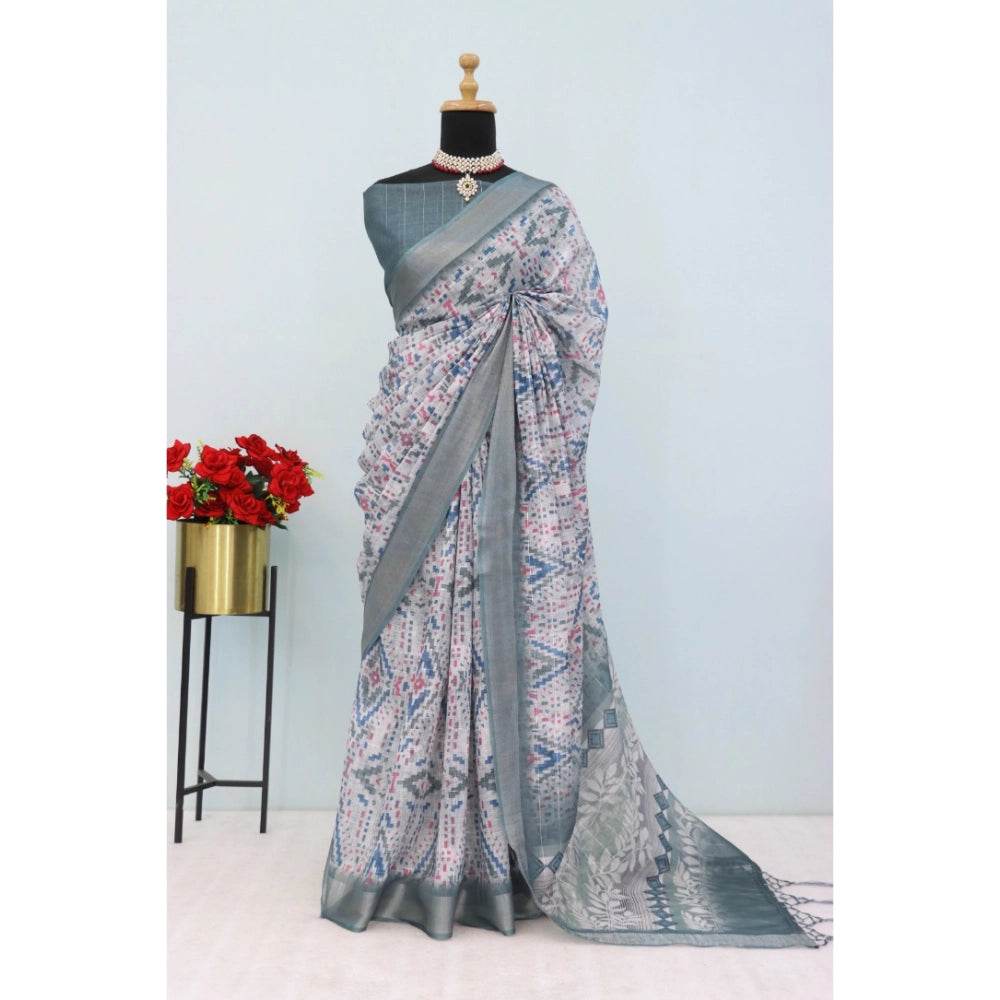 Generic Women's Linen Digital Print Saree With Unstitched Blouse 5.5Mtr (Grey) - MYLUXURY LANE ENTERPRISE