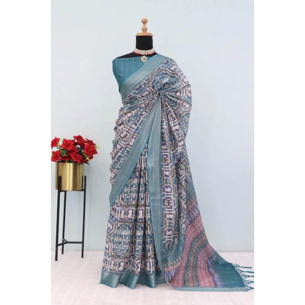 Generic Women's Linen Digital Print Saree With Unstitched Blouse 5.5Mtr (Green) - MYLUXURY LANE ENTERPRISE