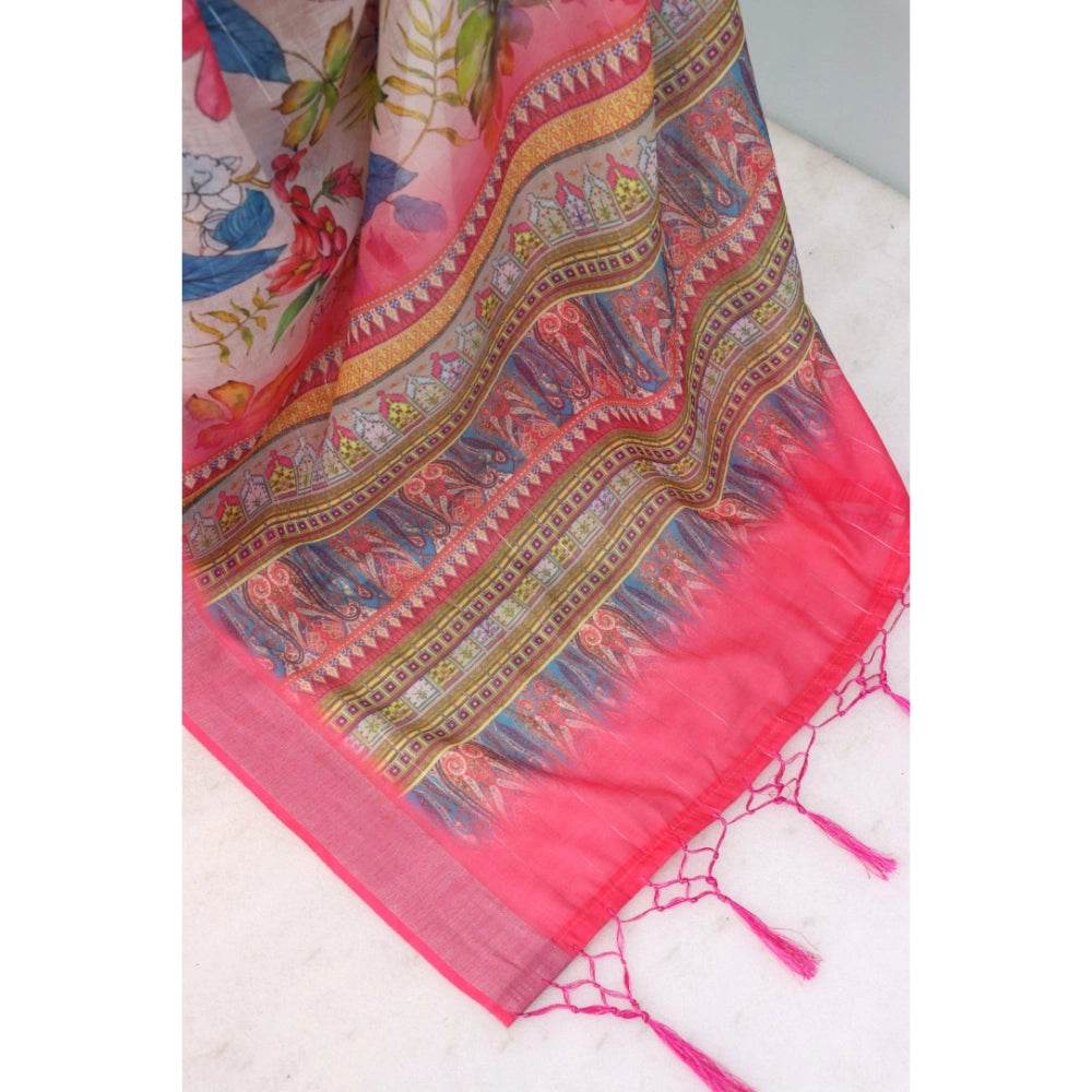 Generic Women's Linen Digital Print Saree With Unstitched Blouse 5.5Mtr (pink) - MYLUXURY LANE ENTERPRISE