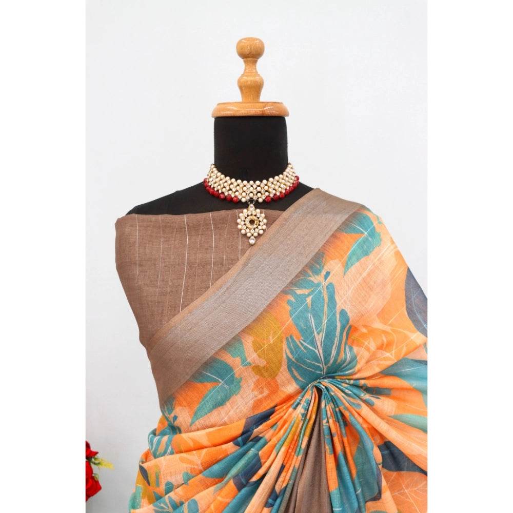 Generic Women's Linen Digital Print Saree With Unstitched Blouse 5.5Mtr (Green) - MYLUXURY LANE ENTERPRISE