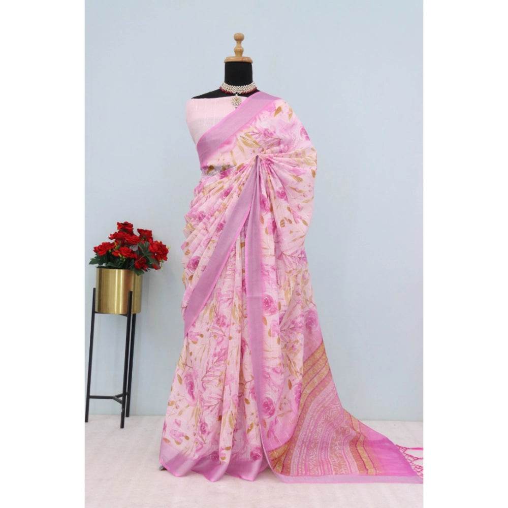Generic Women's Linen Digital Print Saree With Unstitched Blouse 5.5Mtr (Pink) - MYLUXURY LANE ENTERPRISE