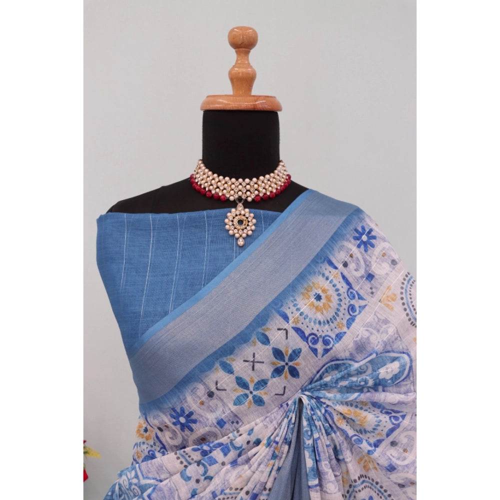 Generic Women's Linen Digital Print Saree With Unstitched Blouse 5.5Mtr (Blue) - MYLUXURY LANE ENTERPRISE