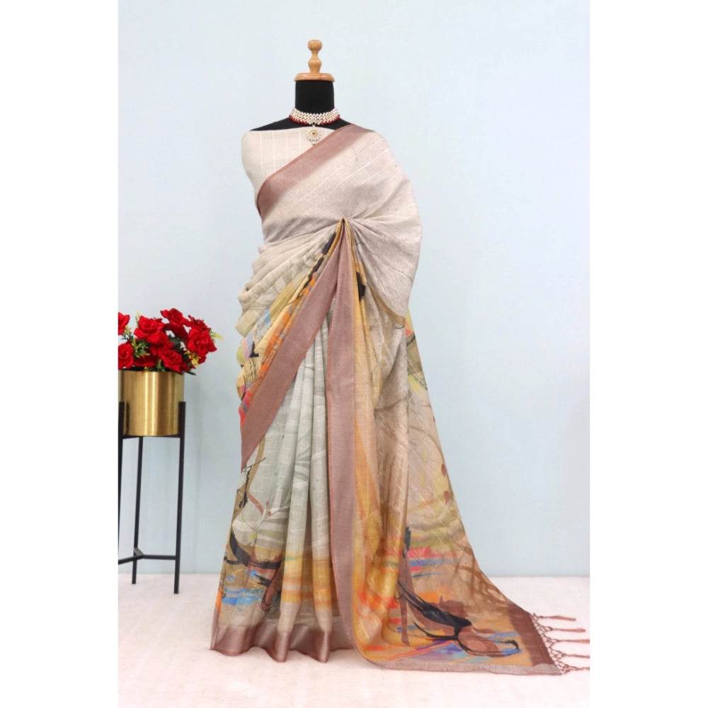 Generic Women's Linen Digital Print Saree With Unstitched Blouse 5.5Mtr (Multicolor) - MYLUXURY LANE ENTERPRISE