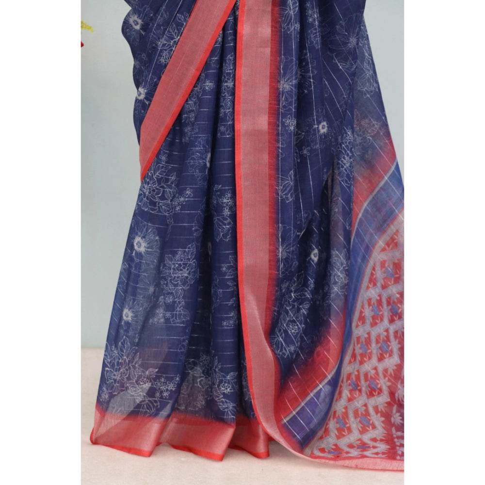 Generic Women's Linen Digital Print Saree With Unstitched Blouse 5.5Mtr (Blue) - MYLUXURY LANE ENTERPRISE
