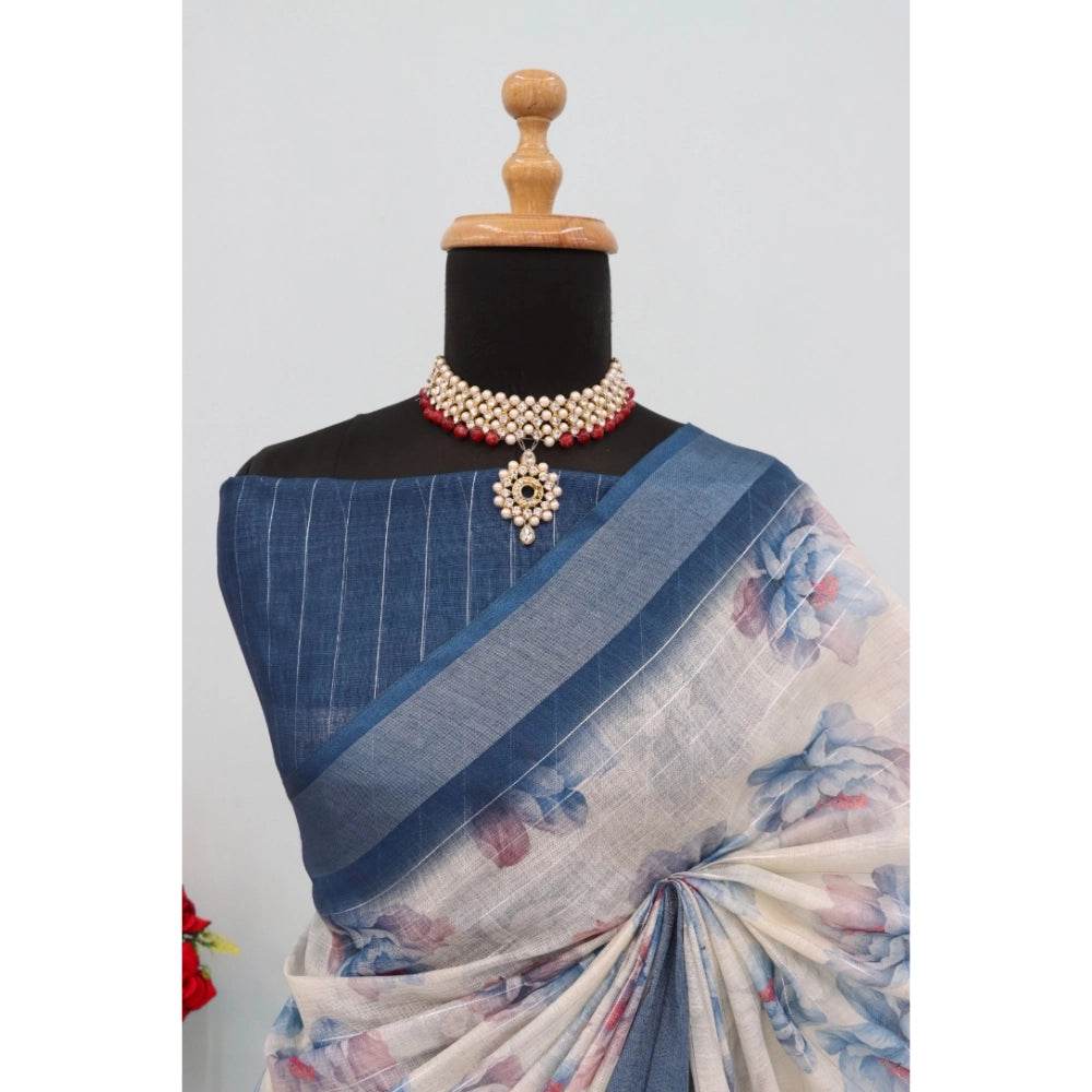 Generic Women's Linen Digital Print Saree With Unstitched Blouse 5.5Mtr (Blue) - MYLUXURY LANE ENTERPRISE