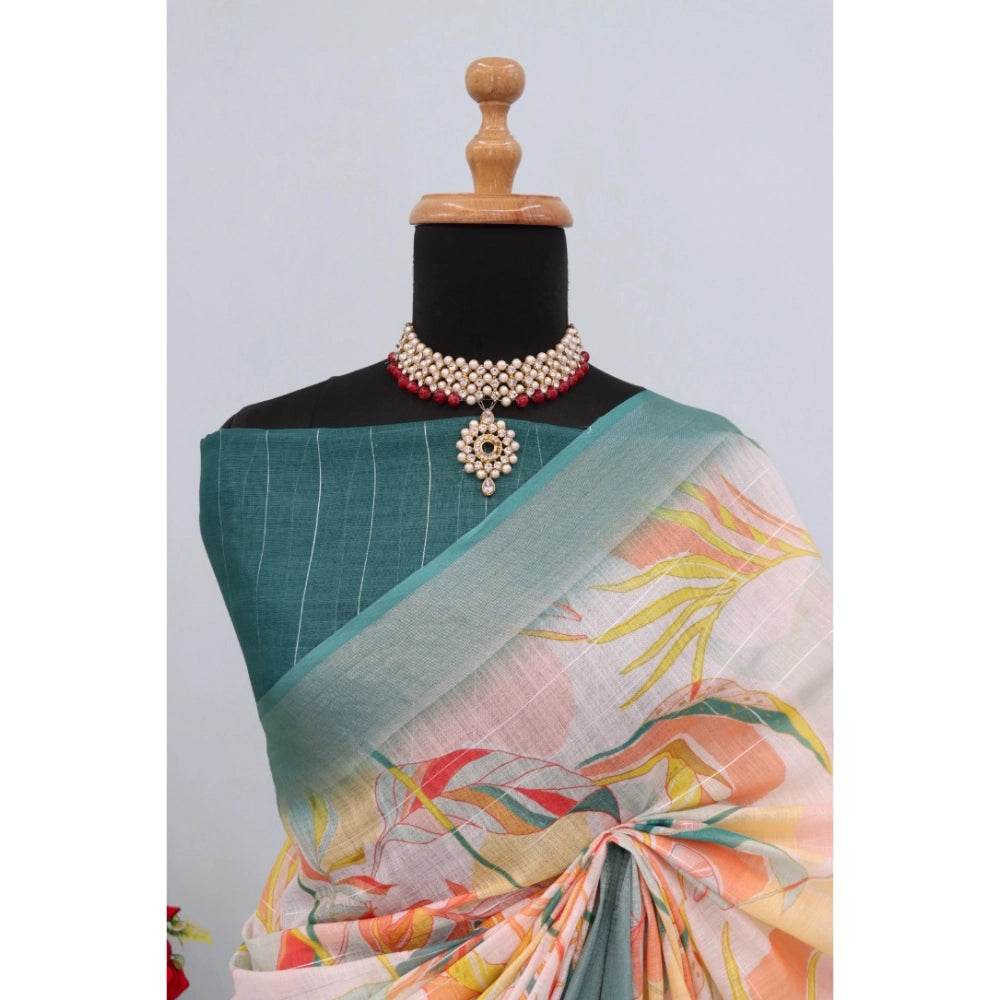 Generic Women's Linen Digital Print Saree With Unstitched Blouse 5.5Mtr (Green) - MYLUXURY LANE ENTERPRISE