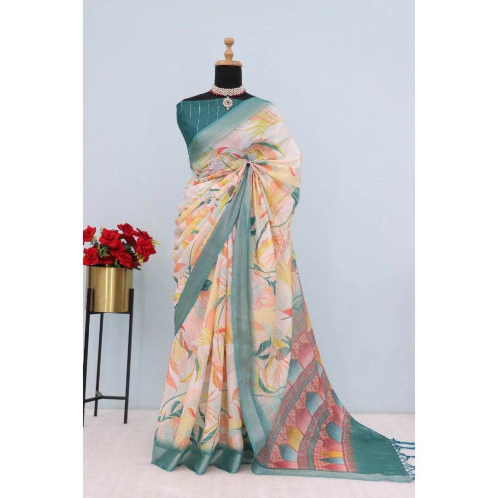 Generic Women's Linen Digital Print Saree With Unstitched Blouse 5.5Mtr (Green) - MYLUXURY LANE ENTERPRISE