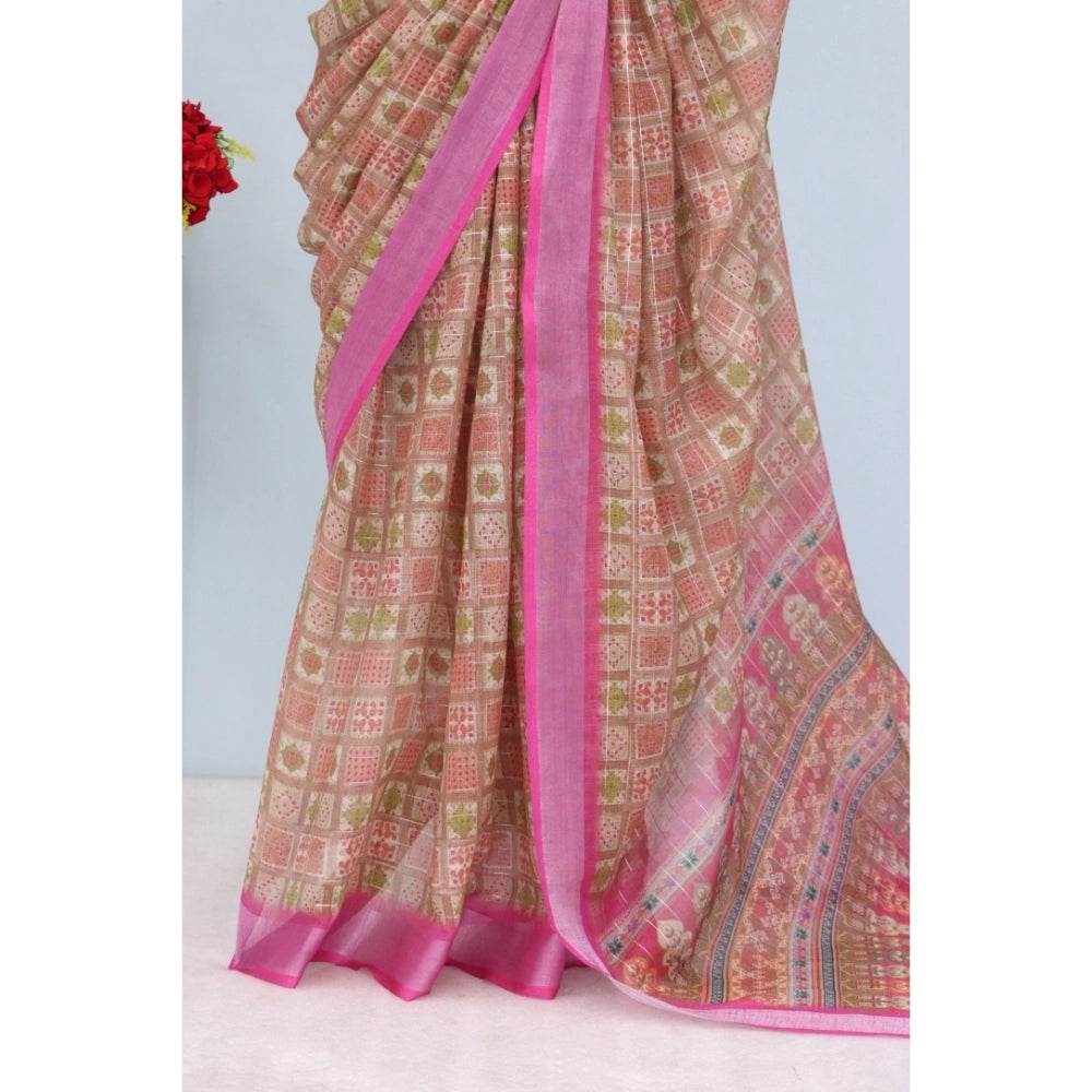 Generic Women's Linen Digital Print Saree With Unstitched Blouse 5.5Mtr (Pink) - MYLUXURY LANE ENTERPRISE