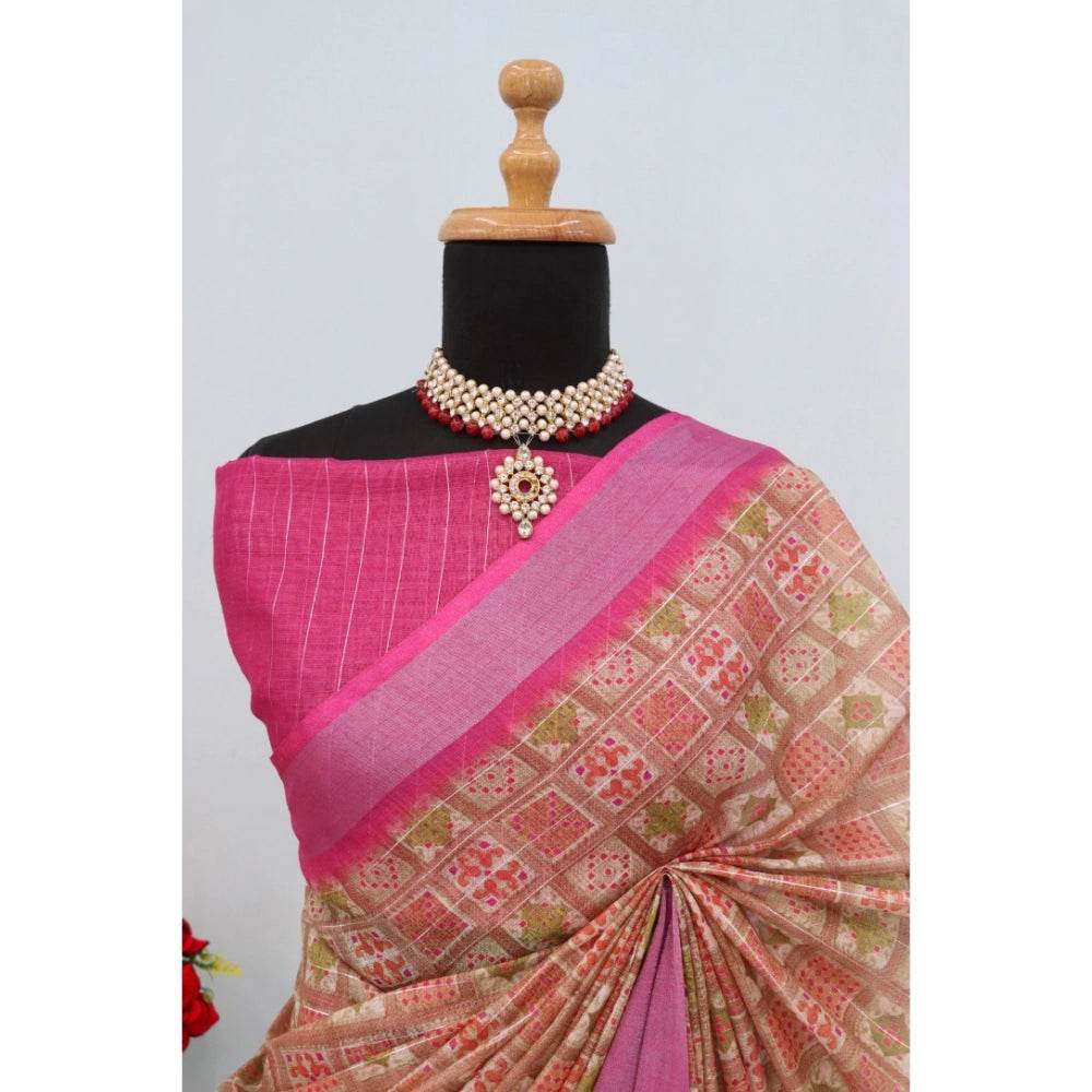 Generic Women's Linen Digital Print Saree With Unstitched Blouse 5.5Mtr (Pink) - MYLUXURY LANE ENTERPRISE