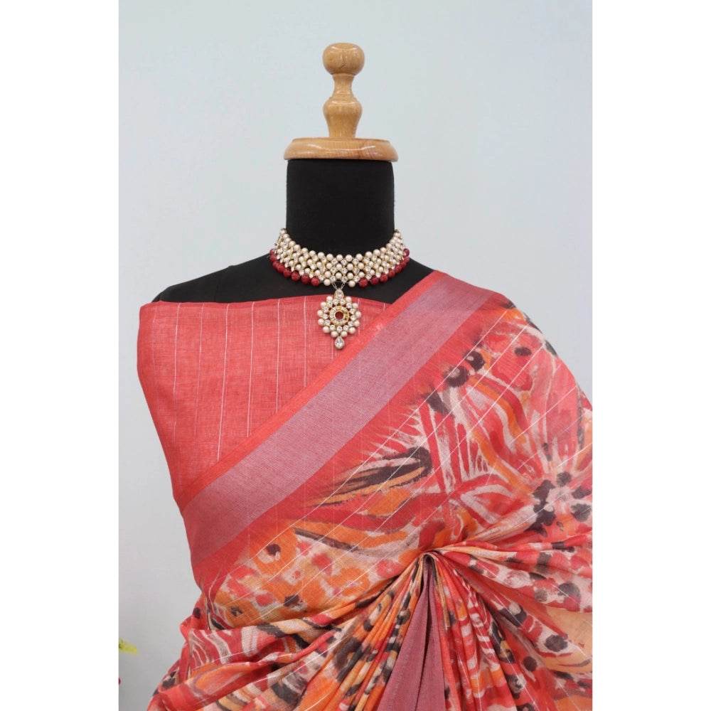 Generic Women's Linen Digital Print Saree With Unstitched Blouse 5.5Mtr (Pink) - MYLUXURY LANE ENTERPRISE