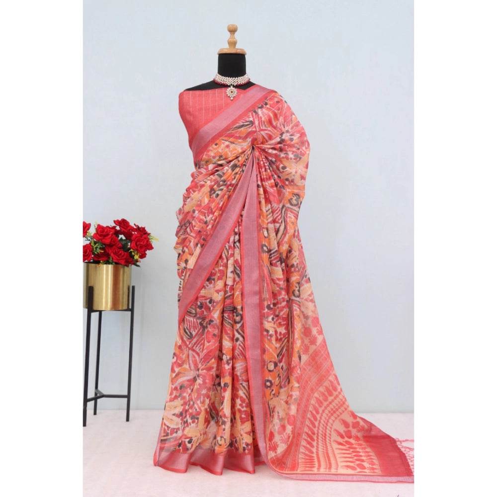 Generic Women's Linen Digital Print Saree With Unstitched Blouse 5.5Mtr (Pink) - MYLUXURY LANE ENTERPRISE