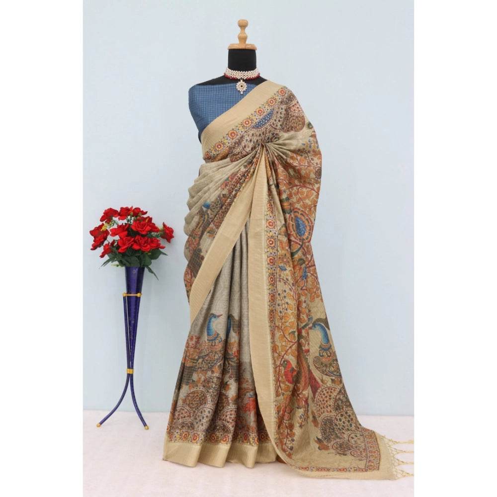 Generic Women's Mysore Silk Digital Print Saree With Unstitched Blouse 5.5Mtr (Beige) - MYLUXURY LANE ENTERPRISE