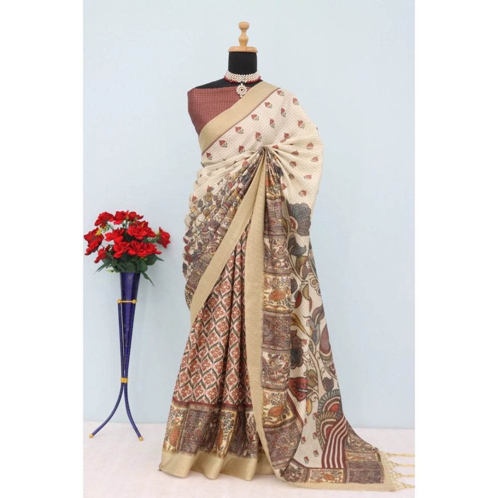 Generic Women's Mysore Silk Digital Print Saree With Unstitched Blouse 5.5Mtr (Beige) - MYLUXURY LANE ENTERPRISE