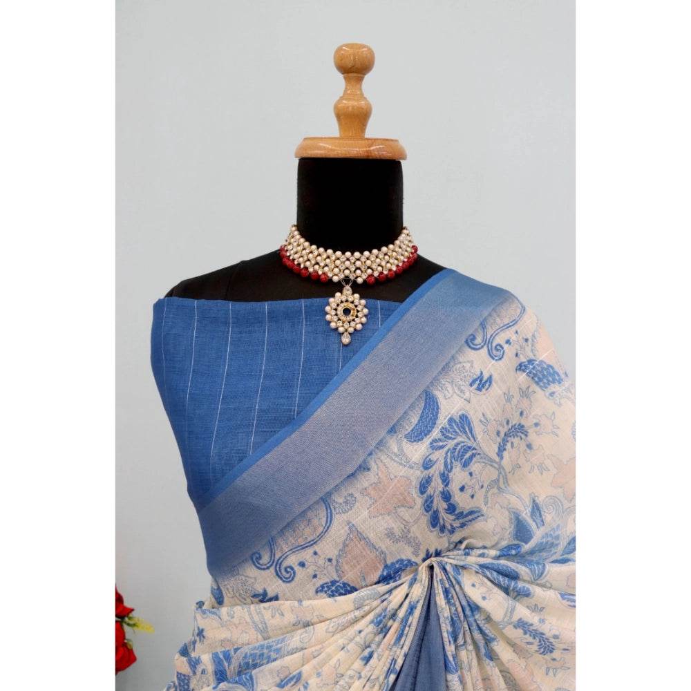 Generic Women's Linen Digital Print Saree With Unstitched Blouse 5.5Mtr (Blue) - MYLUXURY LANE ENTERPRISE