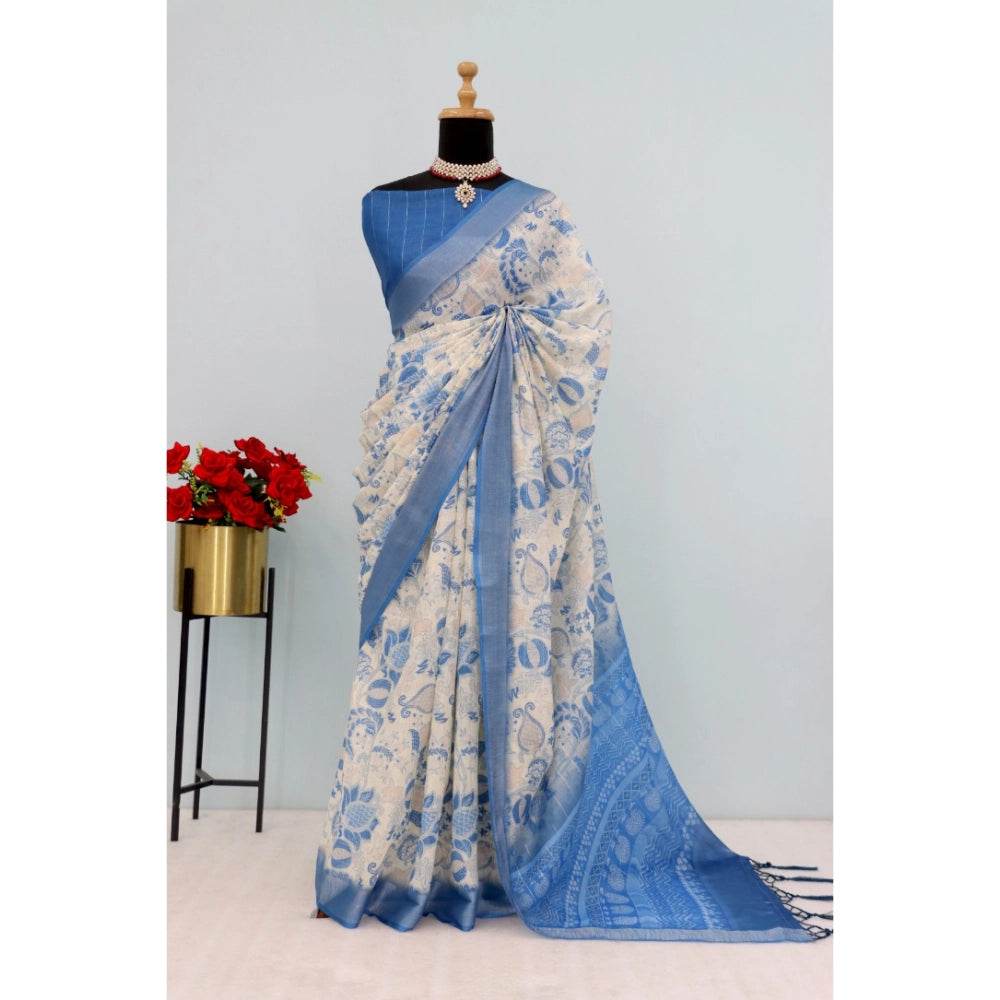 Generic Women's Linen Digital Print Saree With Unstitched Blouse 5.5Mtr (Blue) - MYLUXURY LANE ENTERPRISE