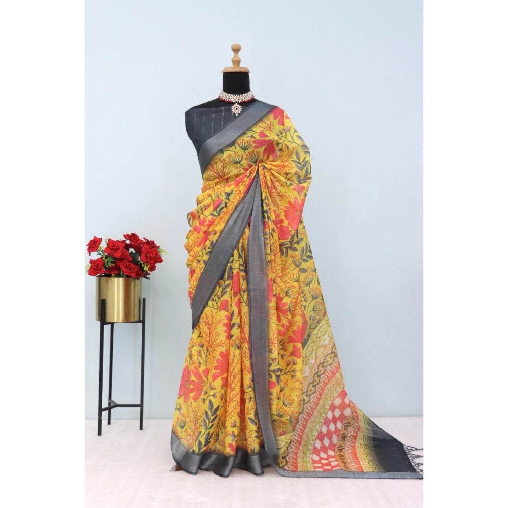 Generic Women's Linen Digital Print Saree With Unstitched Blouse 5.5Mtr (Multicolor) - MYLUXURY LANE ENTERPRISE