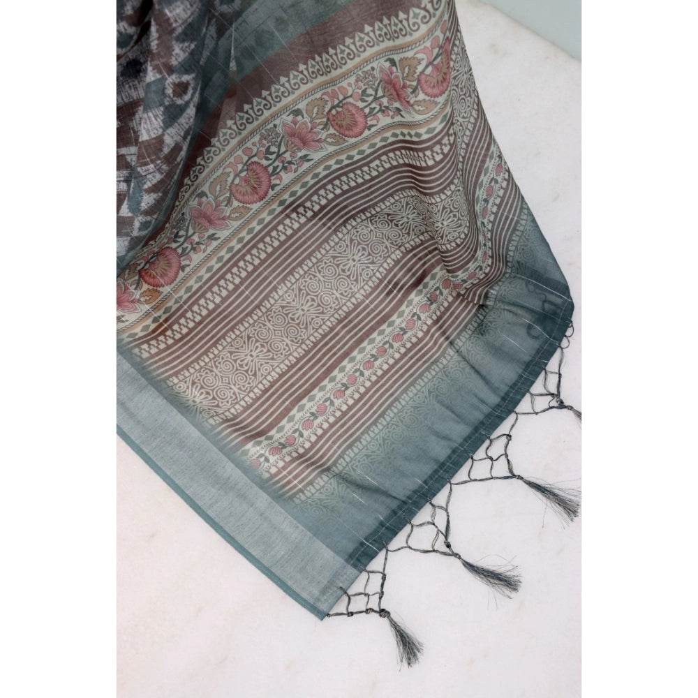 Generic Women's Linen Digital Print Saree With Unstitched Blouse 5.5Mtr (Grey) - MYLUXURY LANE ENTERPRISE