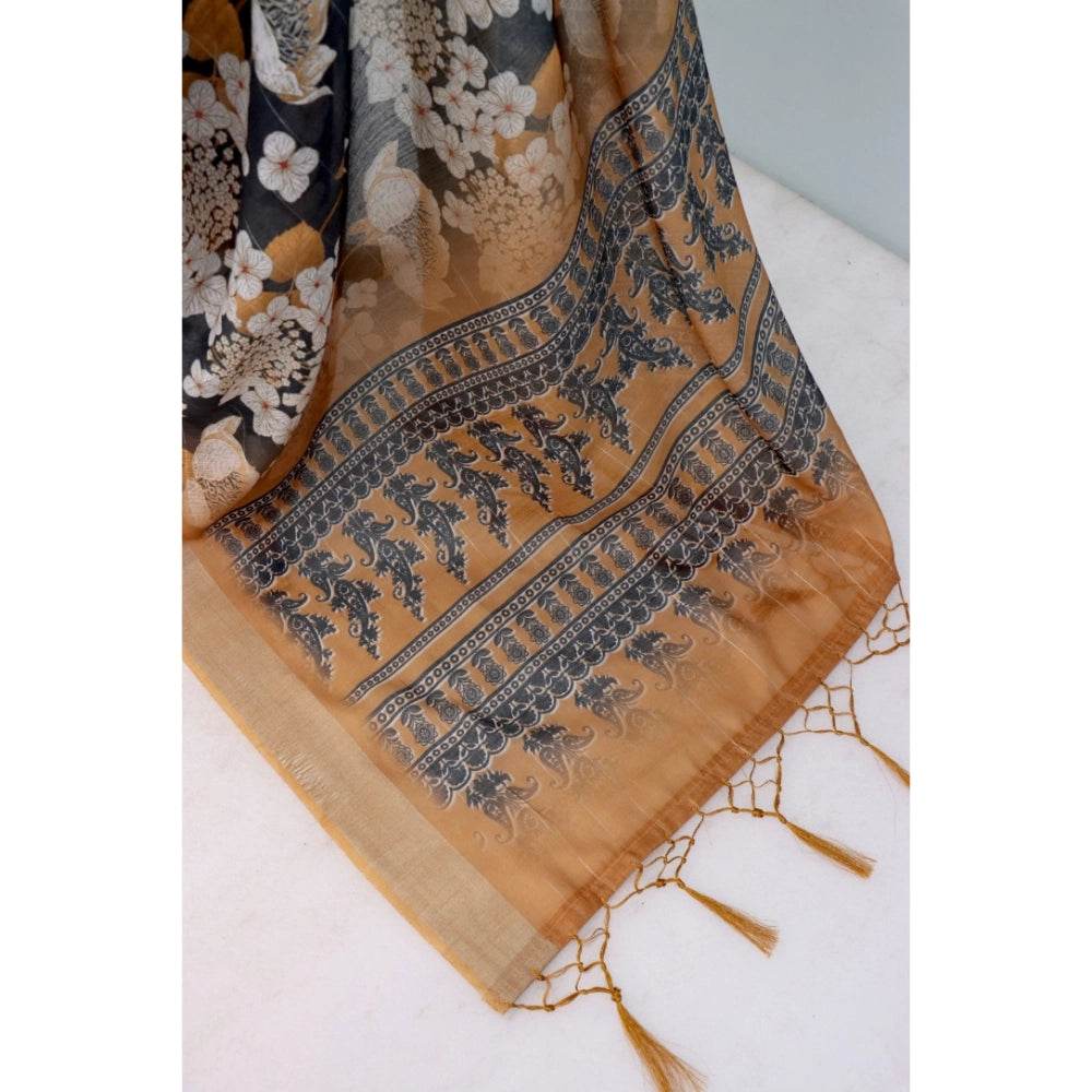 Generic Women's Linen Digital Print Saree With Unstitched Blouse 5.5Mtr (Black) - MYLUXURY LANE ENTERPRISE