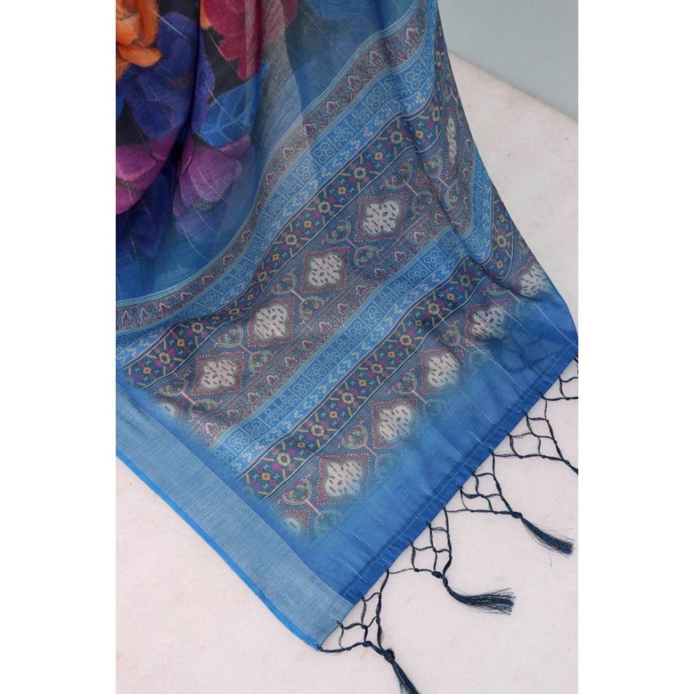 Generic Women's Linen Digital Print Saree With Unstitched Blouse 5.5Mtr (Blue) - MYLUXURY LANE ENTERPRISE