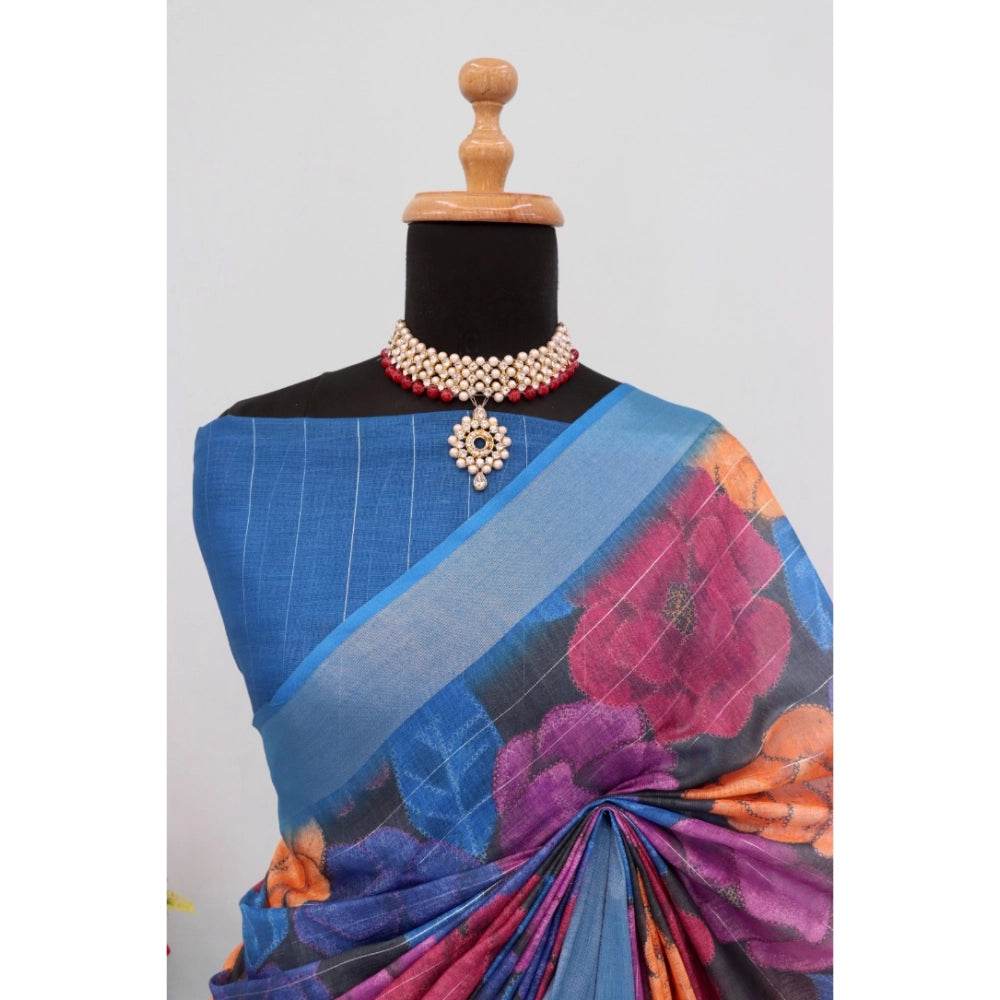 Generic Women's Linen Digital Print Saree With Unstitched Blouse 5.5Mtr (Blue) - MYLUXURY LANE ENTERPRISE