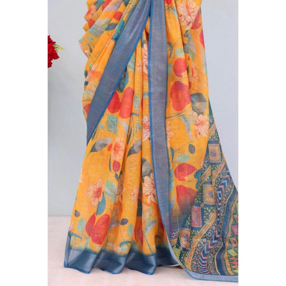 Generic Women's Linen Digital Print Saree With Unstitched Blouse 5.5Mtr (Yellow) - MYLUXURY LANE ENTERPRISE