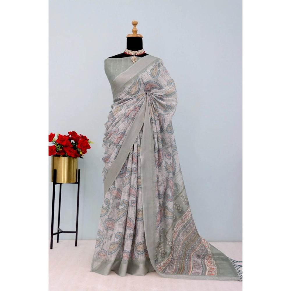 Generic Women's Linen Digital Print Saree With Unstitched Blouse 5.5Mtr (Grey) - MYLUXURY LANE ENTERPRISE
