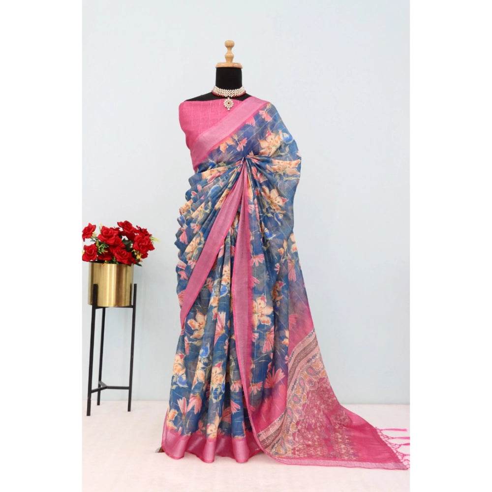 Generic Women's Linen Digital Print Saree With Unstitched Blouse 5.5Mtr (Blue) - MYLUXURY LANE ENTERPRISE