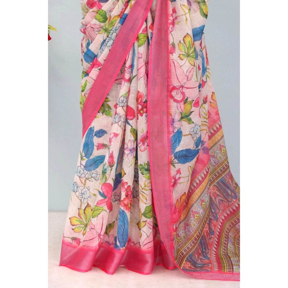 Generic Women's Linen Digital Print Saree With Unstitched Blouse 5.5Mtr (pink) - MYLUXURY LANE ENTERPRISE