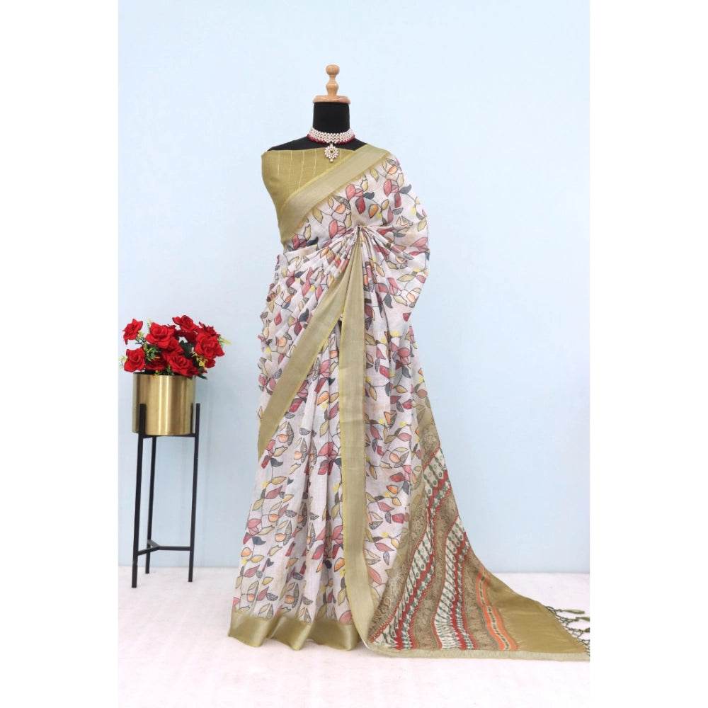 Generic Women's Linen Digital Print Saree With Unstitched Blouse 5.5Mtr (Beige) - MYLUXURY LANE ENTERPRISE