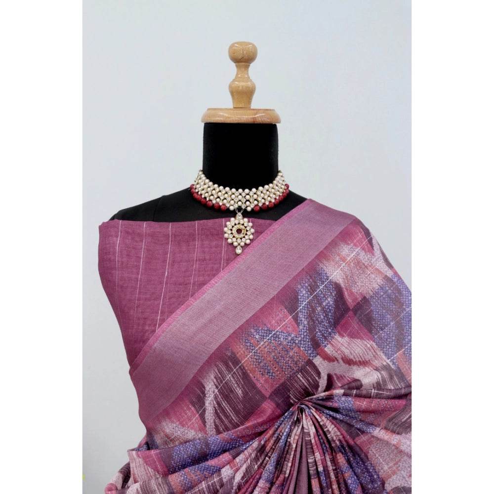 Generic Women's Linen Digital Print Saree With Unstitched Blouse 5.5Mtr (Pink) - MYLUXURY LANE ENTERPRISE