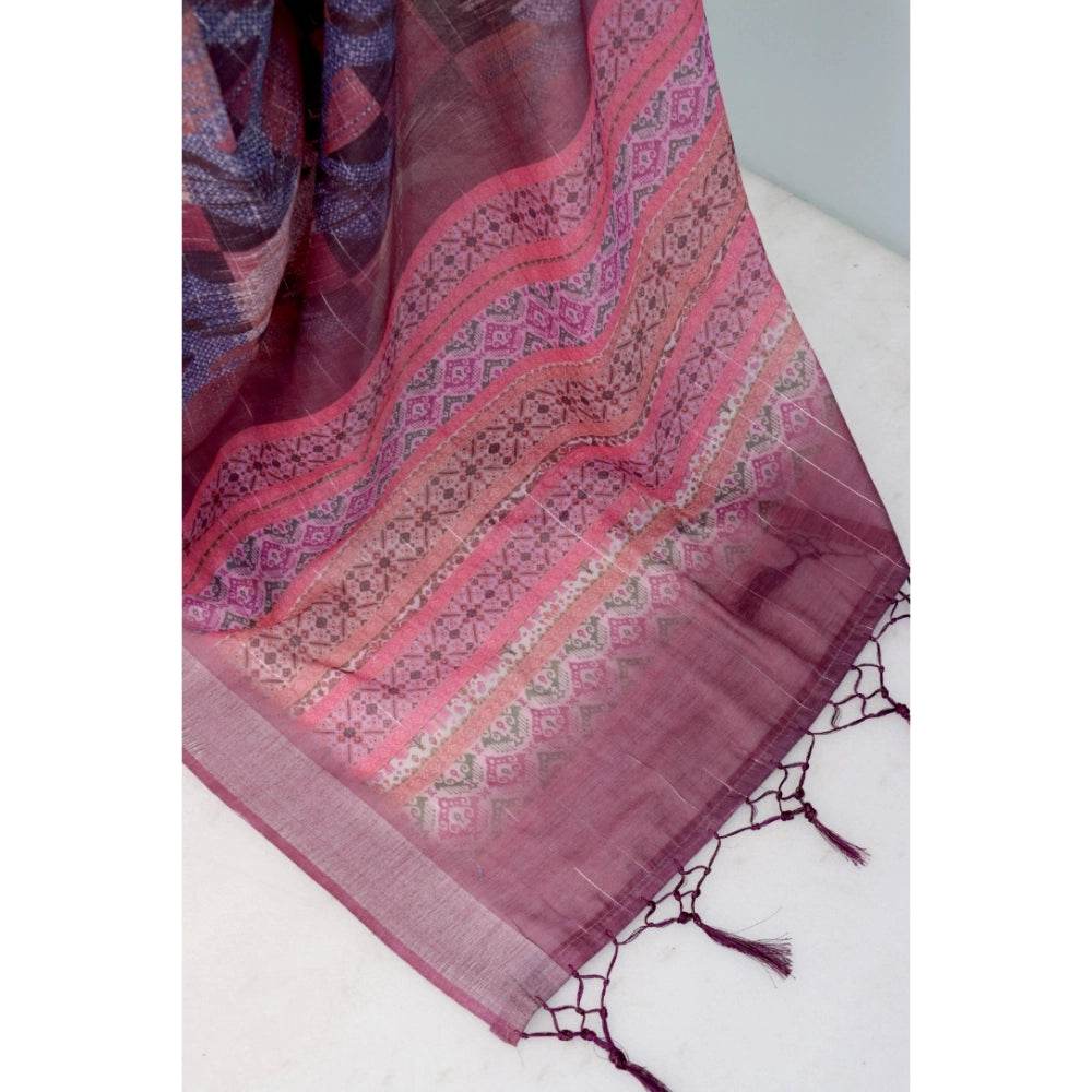 Generic Women's Linen Digital Print Saree With Unstitched Blouse 5.5Mtr (Pink) - MYLUXURY LANE ENTERPRISE