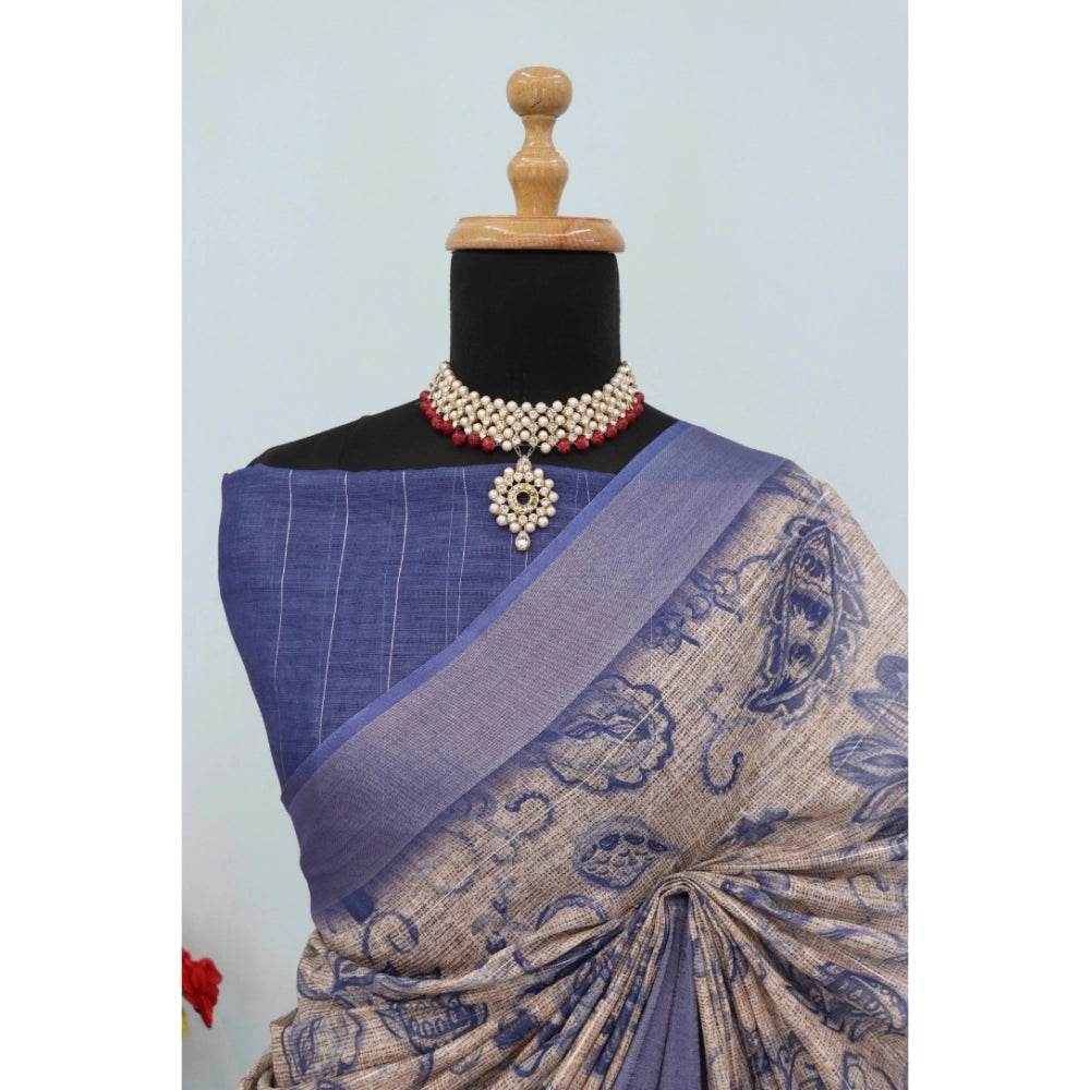 Generic Women's Linen Digital Print Saree With Unstitched Blouse 5.5Mtr (Blue) - MYLUXURY LANE ENTERPRISE