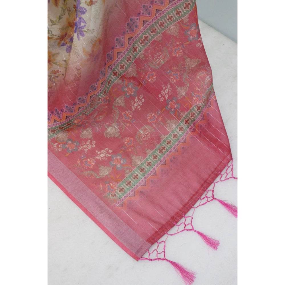 Generic Women's Linen Digital Print Saree With Unstitched Blouse 5.5Mtr (Pink) - MYLUXURY LANE ENTERPRISE