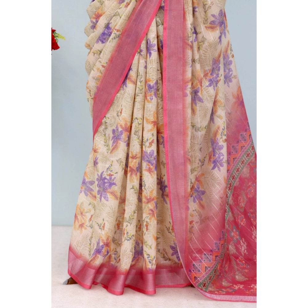 Generic Women's Linen Digital Print Saree With Unstitched Blouse 5.5Mtr (Pink) - MYLUXURY LANE ENTERPRISE