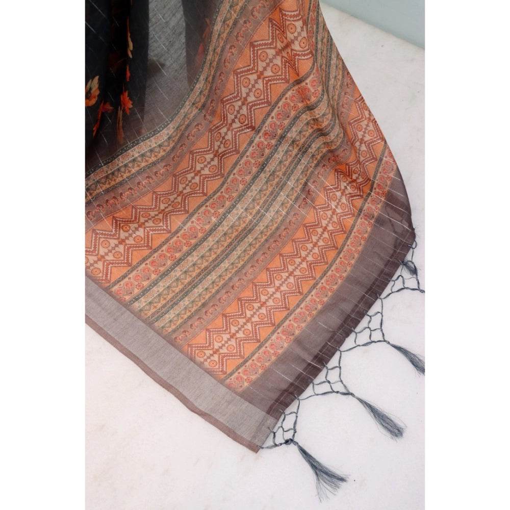 Generic Women's Linen Digital Print Saree With Unstitched Blouse 5.5Mtr (Black) - MYLUXURY LANE ENTERPRISE