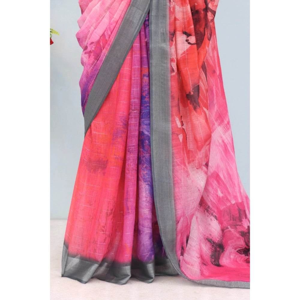 Generic Women's Linen Digital Print Saree With Unstitched Blouse 5.5Mtr (Pink) - MYLUXURY LANE ENTERPRISE
