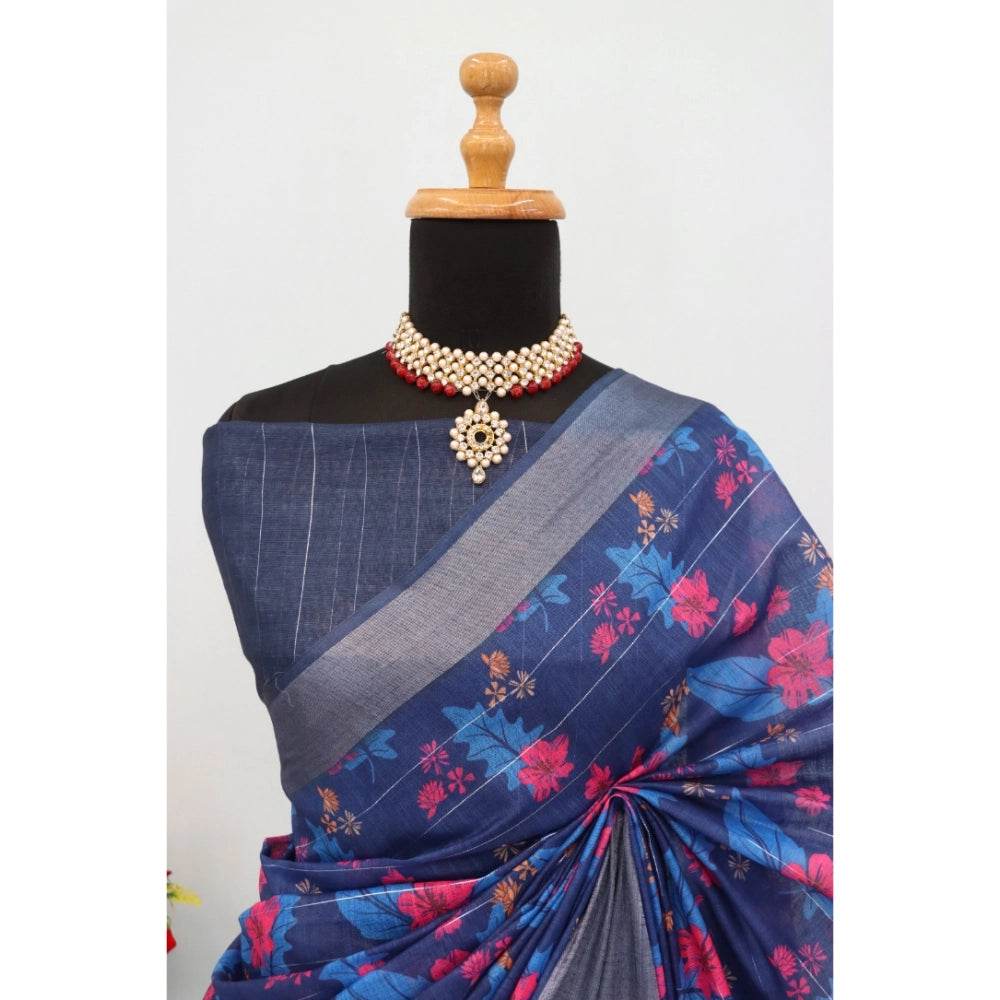 Generic Women's Linen Digital Print Saree With Unstitched Blouse 5.5Mtr (Blue) - MYLUXURY LANE ENTERPRISE