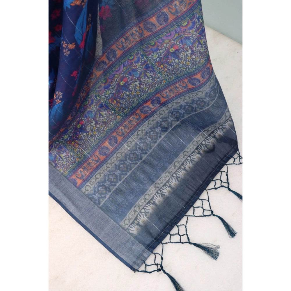 Generic Women's Linen Digital Print Saree With Unstitched Blouse 5.5Mtr (Blue) - MYLUXURY LANE ENTERPRISE