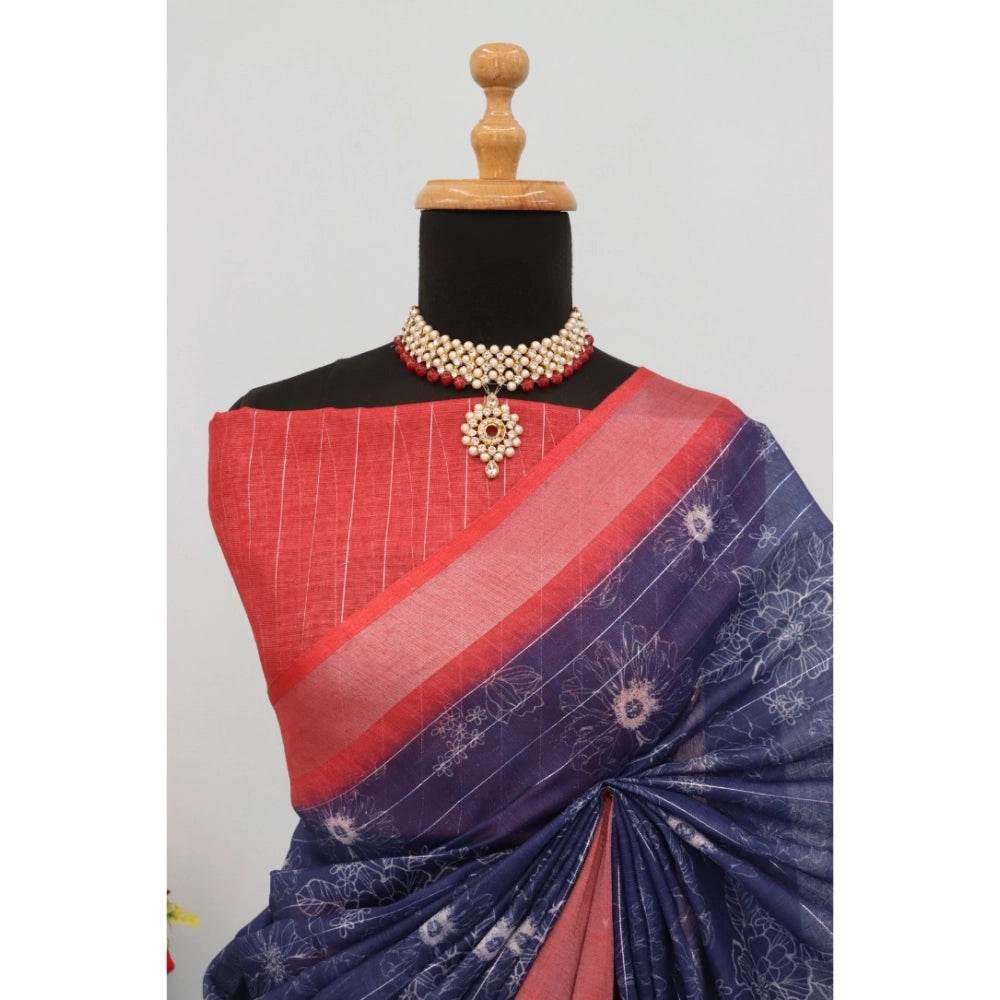 Generic Women's Linen Digital Print Saree With Unstitched Blouse 5.5Mtr (Blue) - MYLUXURY LANE ENTERPRISE