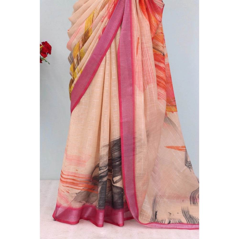 Generic Women's Linen Digital Print Saree With Unstitched Blouse 5.5Mtr (Multicolor) - MYLUXURY LANE ENTERPRISE