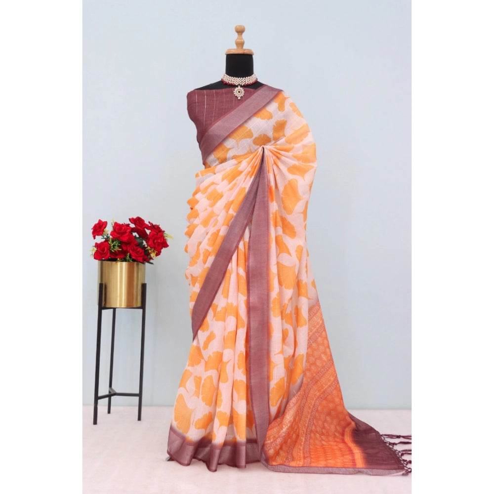 Generic Women's Linen Digital Print Saree With Unstitched Blouse 5.5Mtr (Orange) - MYLUXURY LANE ENTERPRISE