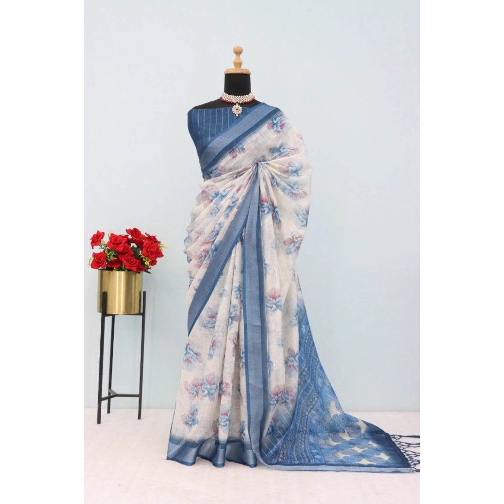 Generic Women's Linen Digital Print Saree With Unstitched Blouse 5.5Mtr (Blue) - MYLUXURY LANE ENTERPRISE