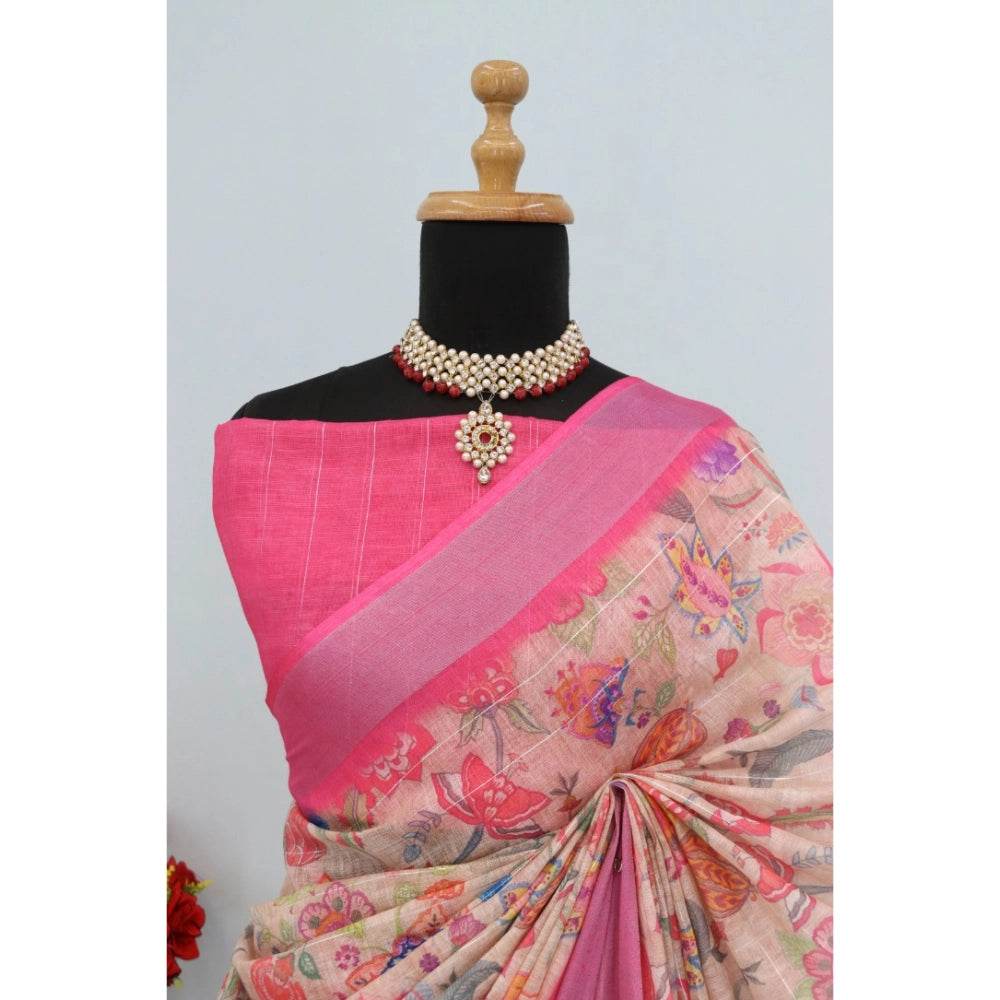 Generic Women's Linen Digital Print Saree With Unstitched Blouse 5.5Mtr (Pink) - MYLUXURY LANE ENTERPRISE