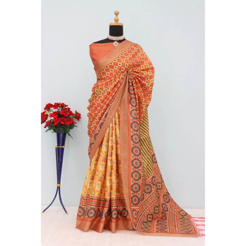 Generic Women's Mysore Silk Digital Print Saree With Unstitched Blouse 5.5Mtr (Orange) - MYLUXURY LANE ENTERPRISE